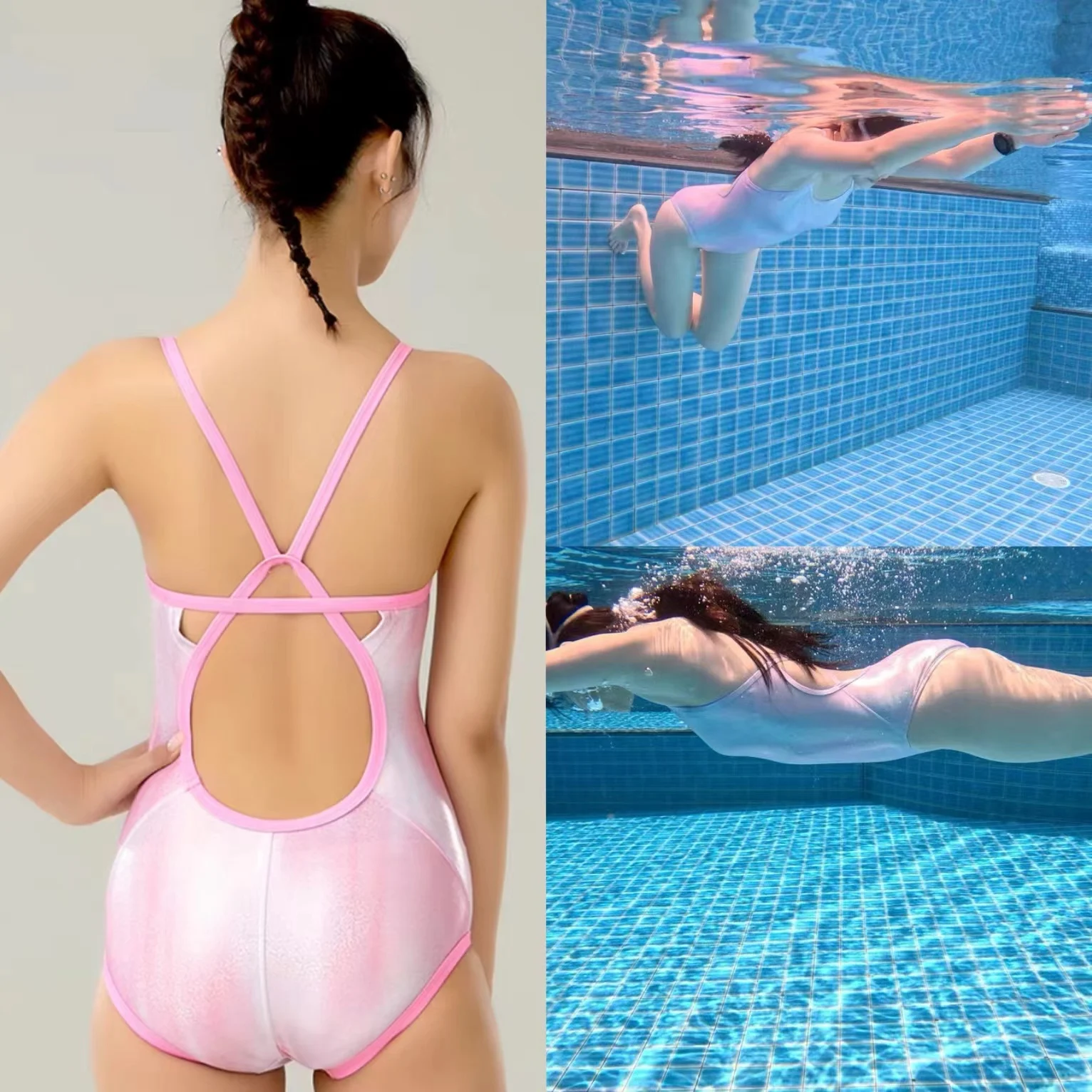 

Profional Speed Swimming Suit Women's Training One-Piece Swimsuit Crystal Pink e Design Thin Strap No Chest Pad