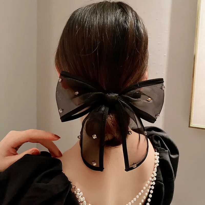 Horquilla de cinta de lazo de tela de encaje negro de gran tamaño para mujeres y niñas, Clip de pelo de diamantes de imitación, diadema de