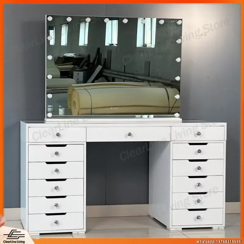 Glass Top Dressing Table with LED Lighted Mirror Power Socket Makeup Vanity Table with Drawer Modern Bedroom Dressing Table
