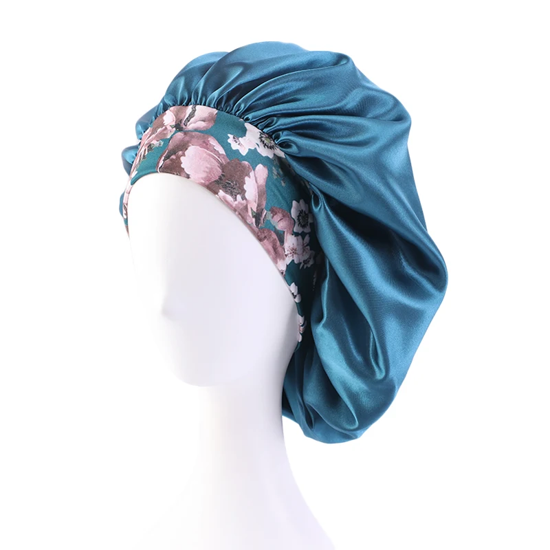 New Big Size Floral Print Bonnet Satin Wide Elastic Band Beanie Night Sleep Caps Head Cover African Headwrap Turban Chemo Caps