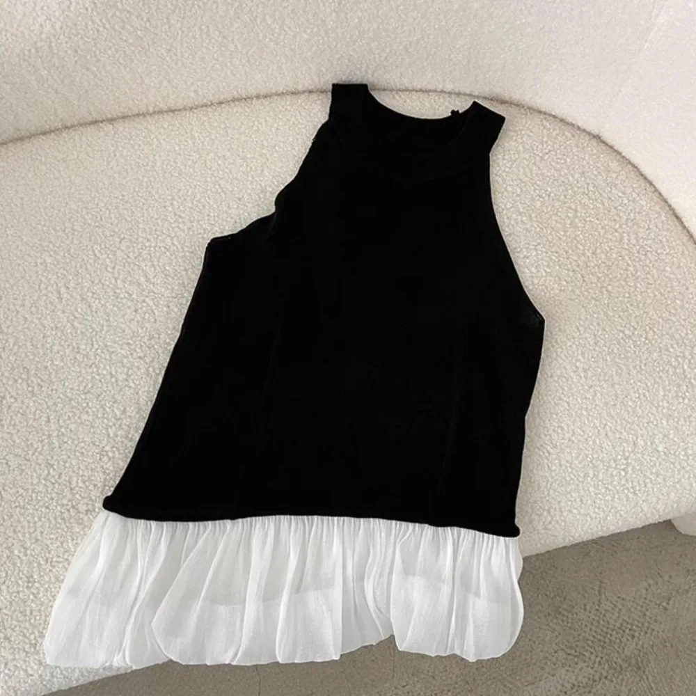 

Patchwork Slim Fit Sleeveless Crop Top Vest Irregular Mesh Ruffle Camisole Spicy Girl Style Halter Camisole Women Streetwear