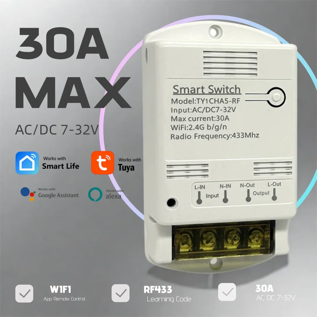 Tuya Wifi 30A Relay Module 7-32V 85-250V 220V Smart Switch Home Automation Controller Remote Control Self-locking Inching Timer