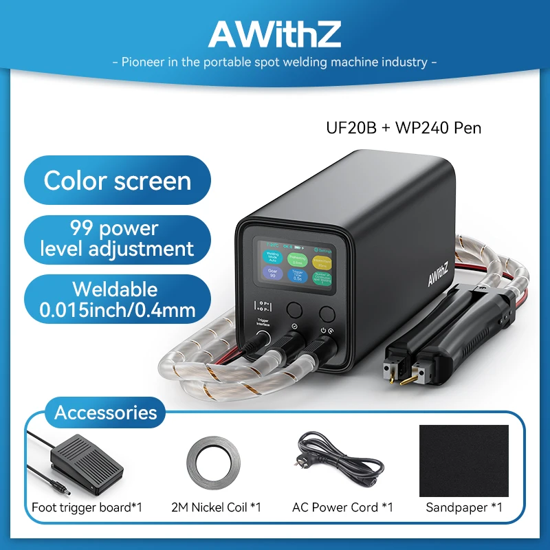AWithZ UF20B バッテリースポット溶接機キット WP240 ペン 0.4mm ニッケルストリップ 10500W 99段階出力調整 安全チップ＆温度制御付き