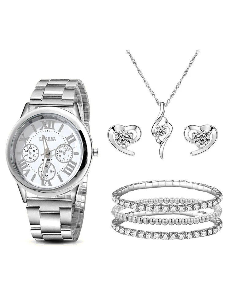 7pcs Fashion Versatile Round Women\'s Steel Band Quartz Watch Bracelet Necklace Earring Combination Set