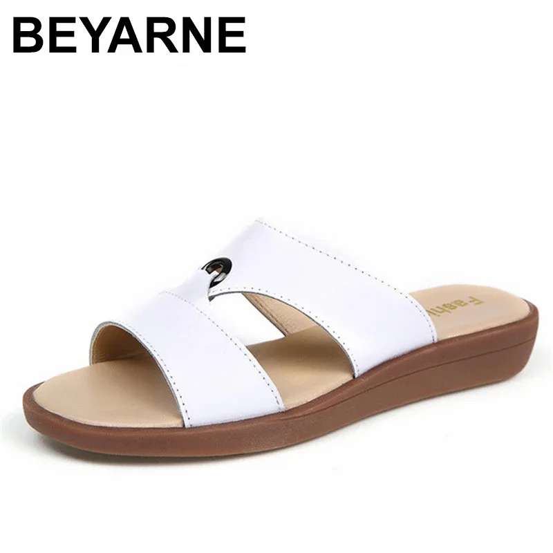 BEYARNE Casual Women's Sandals Real Cow Leather Flats Shoes Women Slip-On Summer Female Slides Leisure Beach Flip Flops