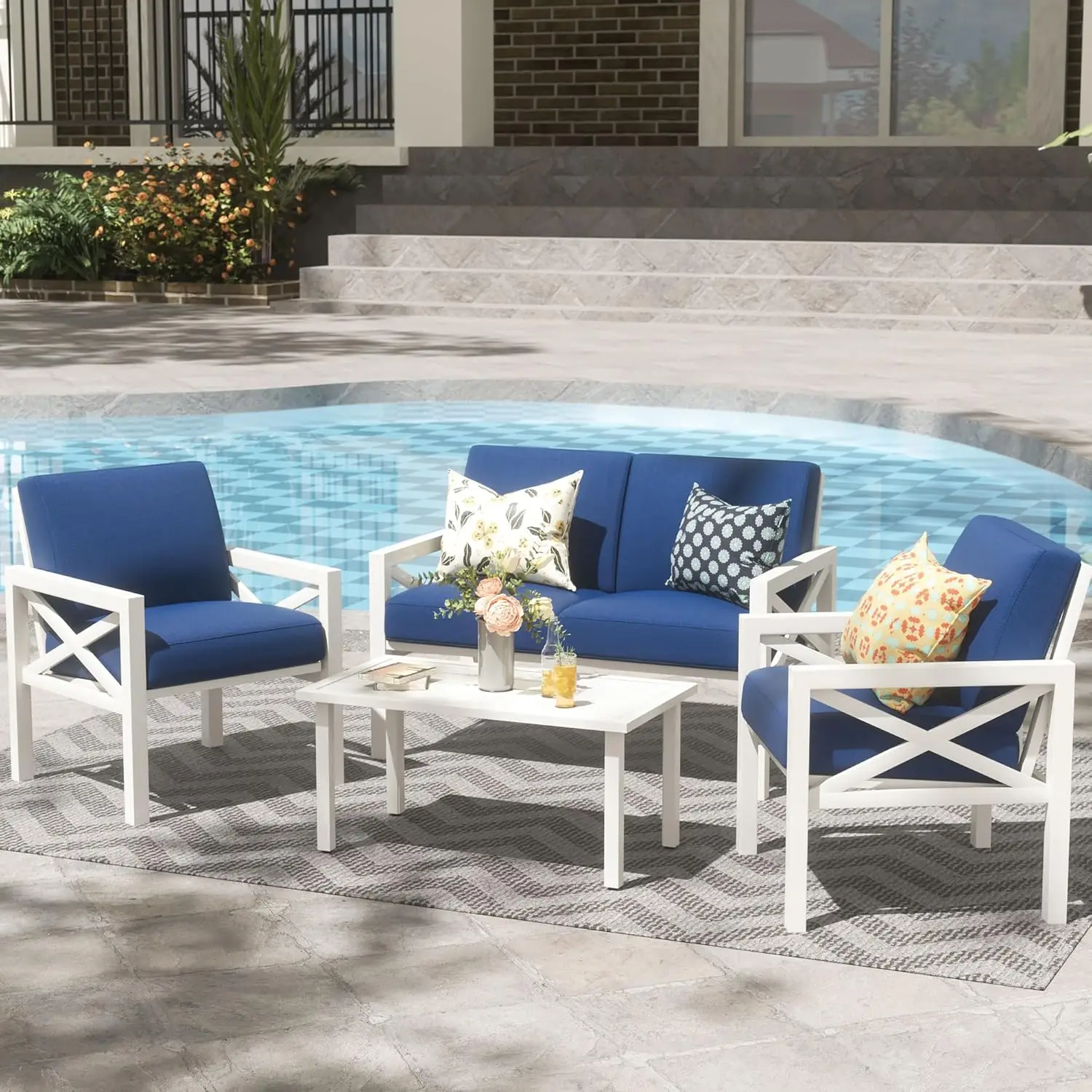 Набор из 4 предметов мебели для патио, современные наборы для бесед в патио, секционный металлический диван для улицы с 5,5-дюймовой подушкой и компанией