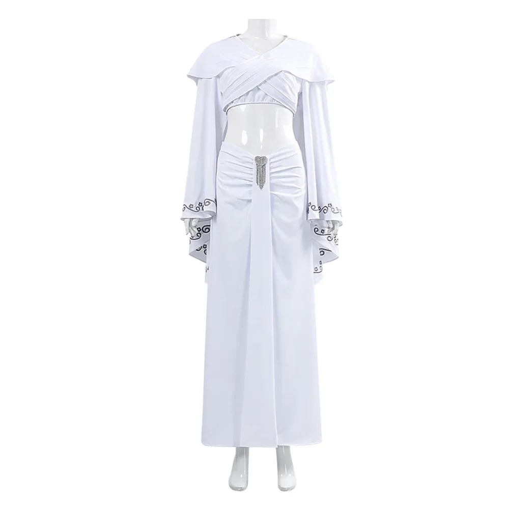 

Amidala Cosplay Costume White Printed Hooded Cape Women Movie Skirt Cloak Halloween Uniform Set
