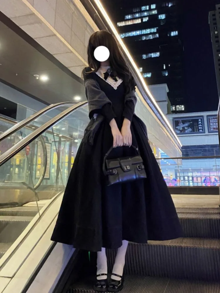 MAGOGO French Vintage Gothic Lolita Black Dress Elegant Bow Patchwork Detachable Sleeves Slim A-line Maxi Dresses for Women - Image 4