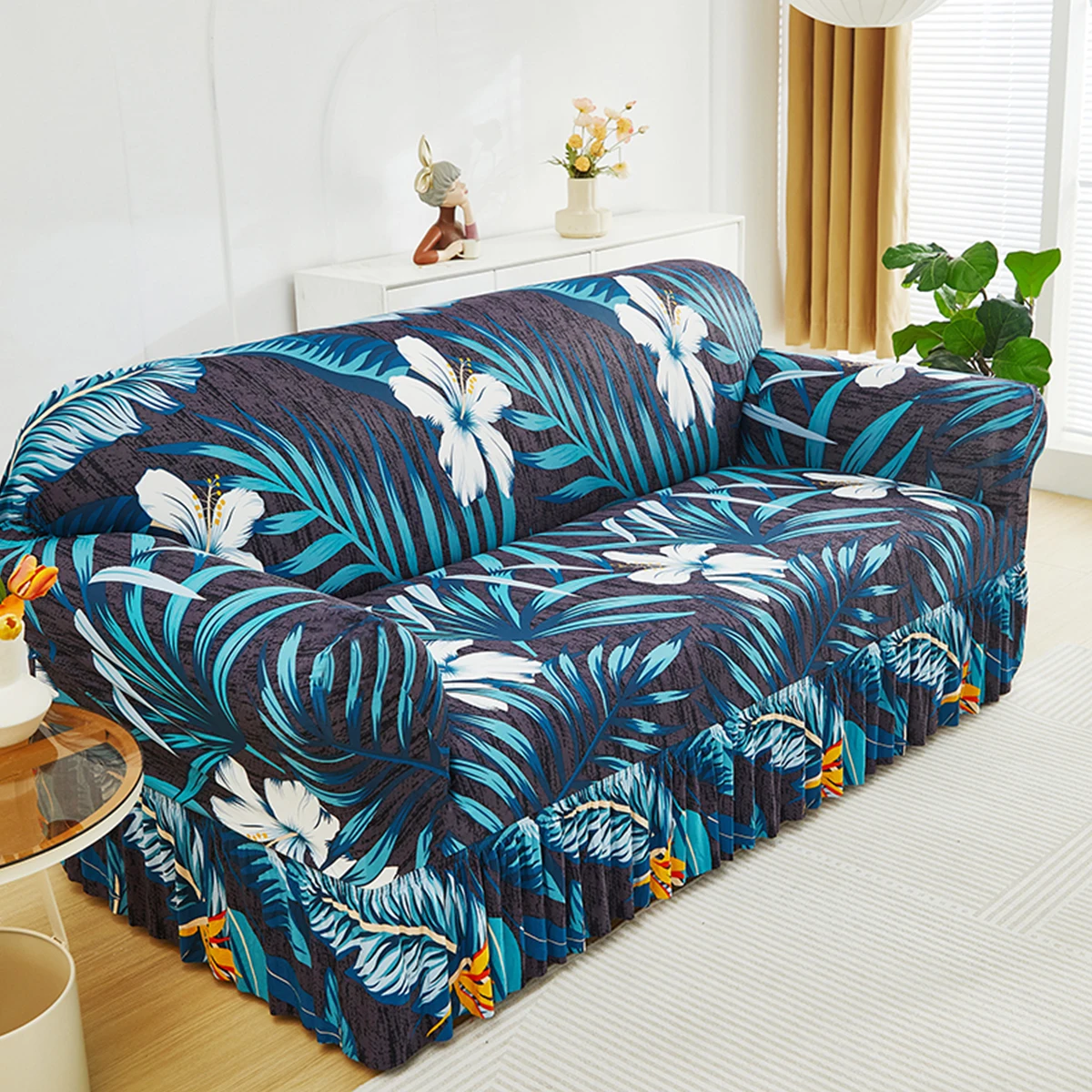 

1pc Printed Skirt Sofa Cover, elastic, anti-slip. Simple, modern, all-season, dust & cat-proof. Retractable, washable, durable.