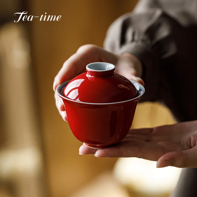 Hand Painted Ceramic Gaiwan Tea Bowl Forbidden City Red Cover Bowl Chinese Tea Tool Cup Kung Fu Chawan Maker Chhai Oolong Cups