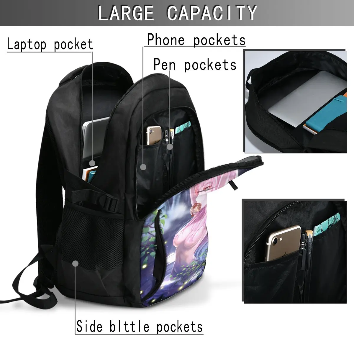 Mochila Resistente à Água com Porta de Carregamento USB, Querida na Franxx, Zero Dois, Negócios, Laptop, Saco de Faculdade