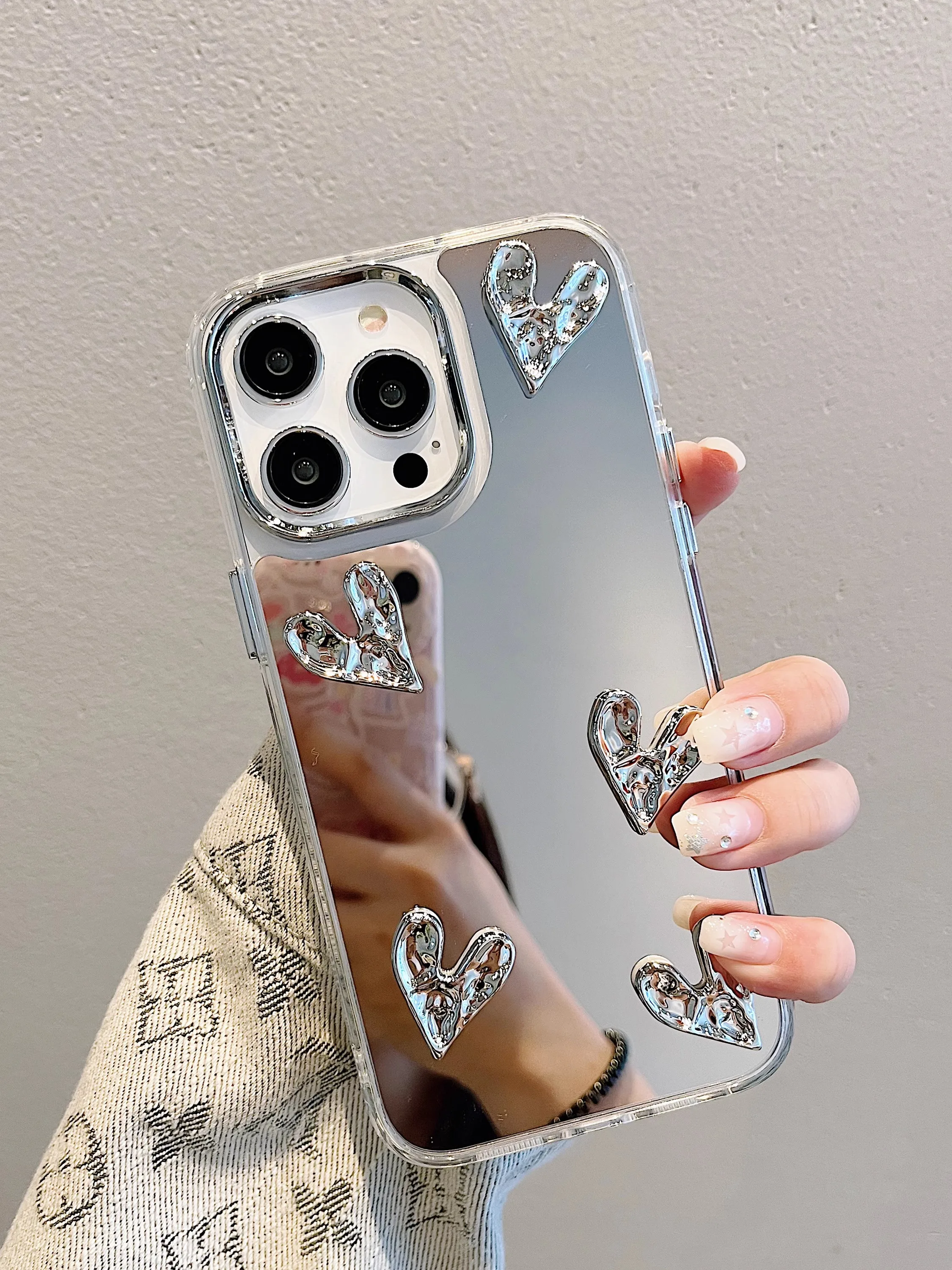 3D Heart with Chain Silver Plated Mirror Case For iPhone 14 15 Pro Max 11 12 13 Pro Max Drop Protection Cover