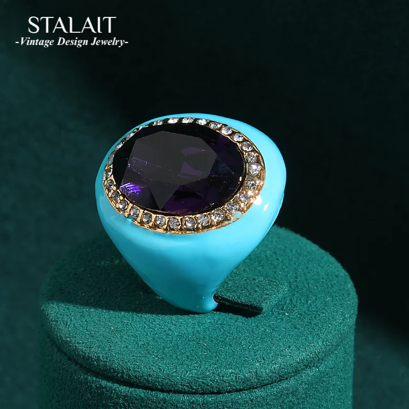 

Vintage Blue Enamel Rings For Woman Purple Oval Crystal Rhinestone Antique Gold Color Party Wedding Accessories 2025 New