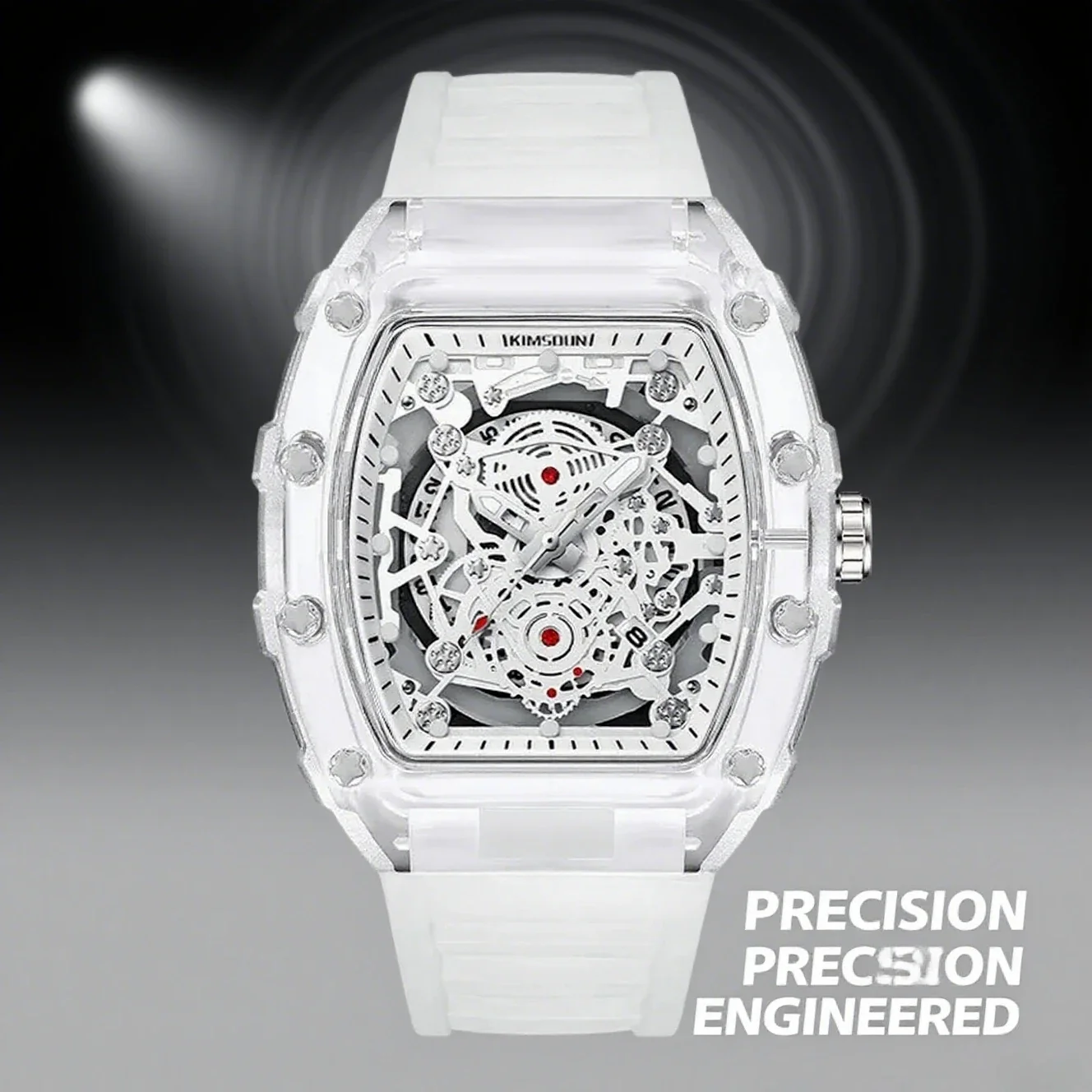 ファッショナブルなカジュアルメンズ腕時計、夜光文字盤、カレンダー機能、耐久性のあるシリコンストラップ、トノー型、透明ケース、クォーツ時計