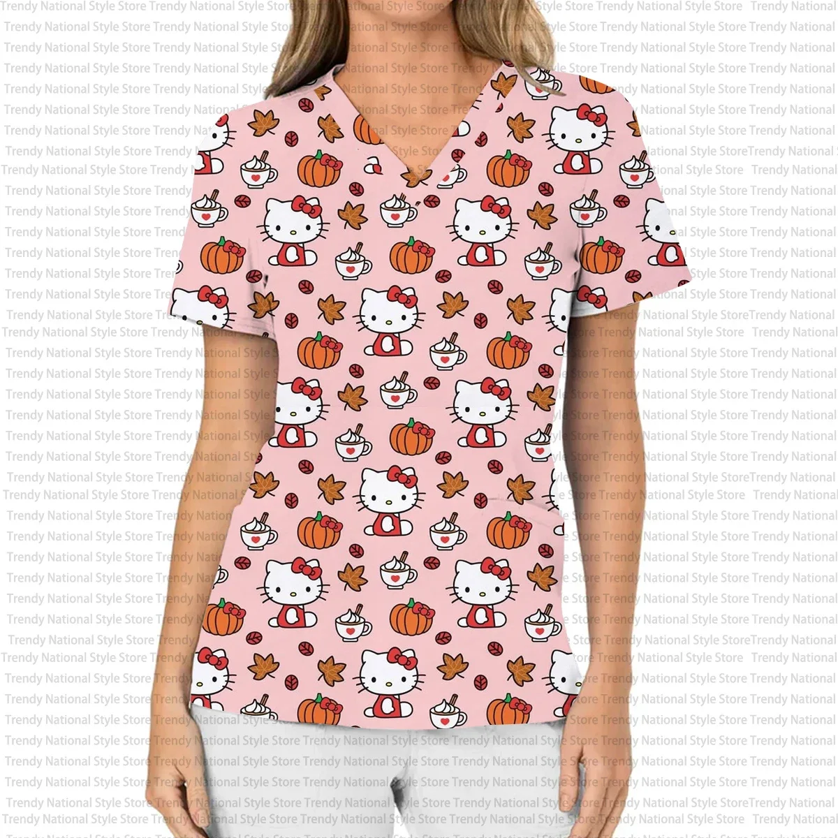 

Summer New Women's Pocket Frosted T-shirt Hello Kitty Print Dentist Beauty Pet Shop Work Uniform Simple Style Birthday Gift