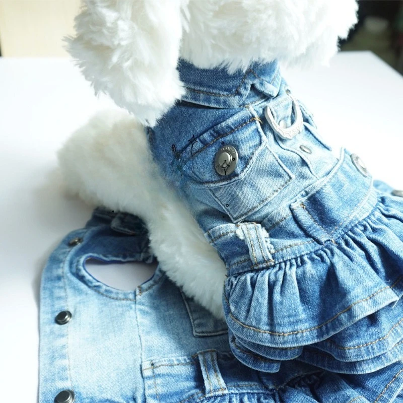 Handmade Pet Faded Denim Jumpsuit Dress Turn Down Collar Functional Pockets Metal D Ring Attachment Multi Tier Ruffle Dress