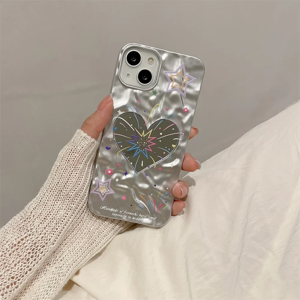 Cute 3D Love Heart Makeup Mirror Firework Star Soft Phone Case For iPhone 12 14 15 Pro Max 11 13 XR Plating Luxury Cover