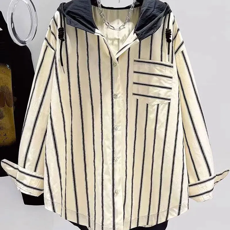 Women's Clothing Commute Striped Blouse Casual Hooded Spliced Stylish Drawstring Spring Autumn Contrasting Colors Pockets Shirt