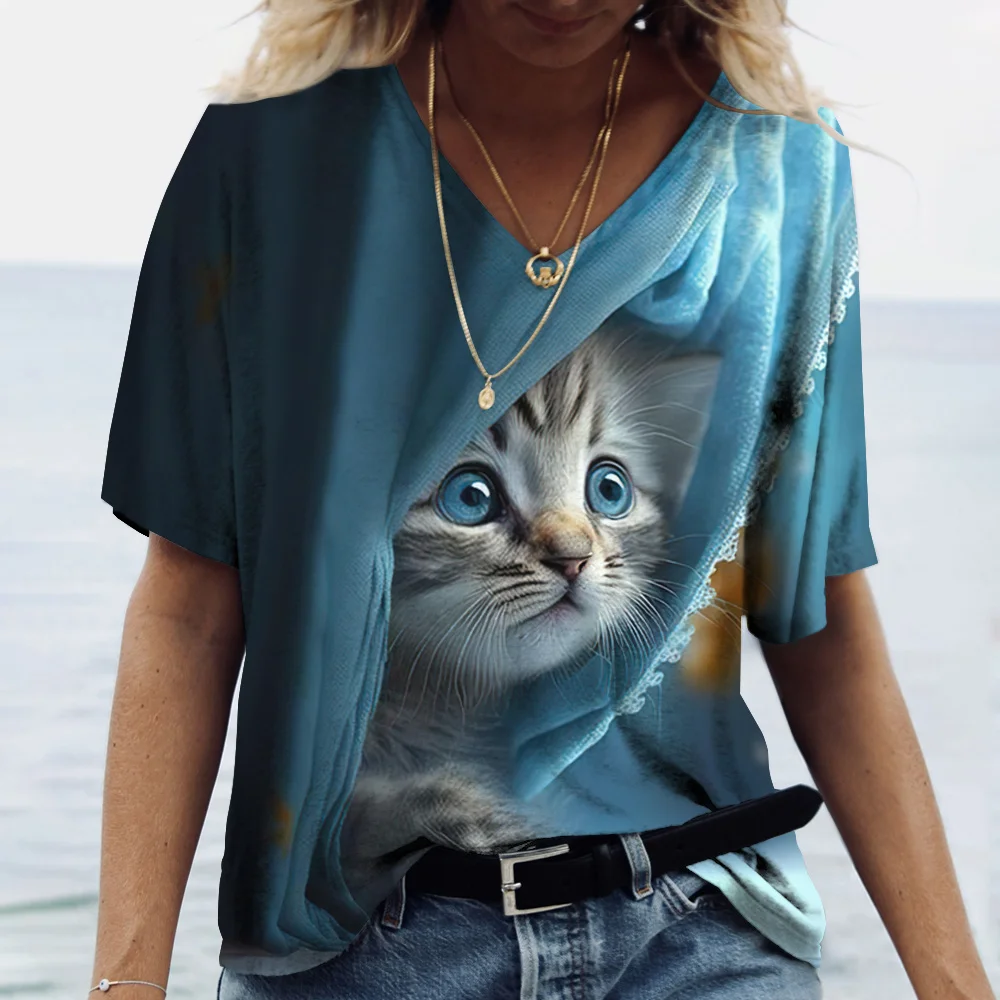 Camiseta feminina de manga curta estampada de gato, camiseta feminina Harajuku, tops extragrandes com decote em v, roupas animais, moda feminina