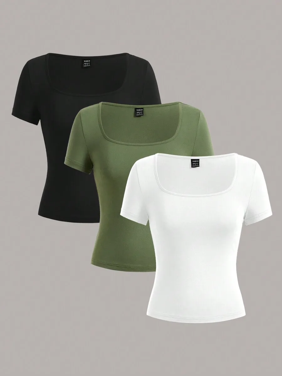 

3-Pack Square Neck Short Sleeve Cropped Solid Color Women's T-Shirt Set