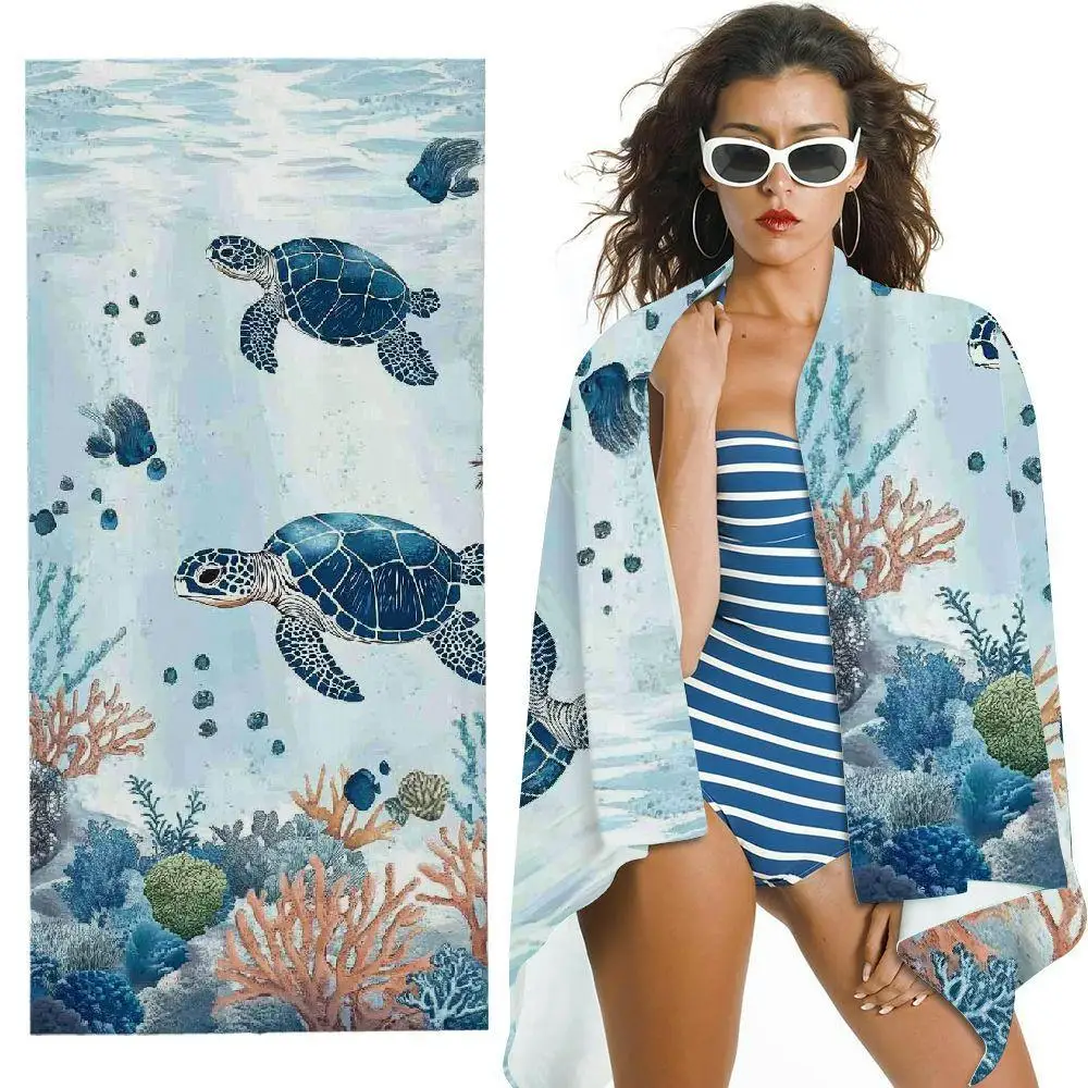 Tribal Mandala Octopus Navy Sky Blue Vertical Stripe Beach Towel Ultra Fine Fiber Fast Drying Towel For Nautical Pool Beach