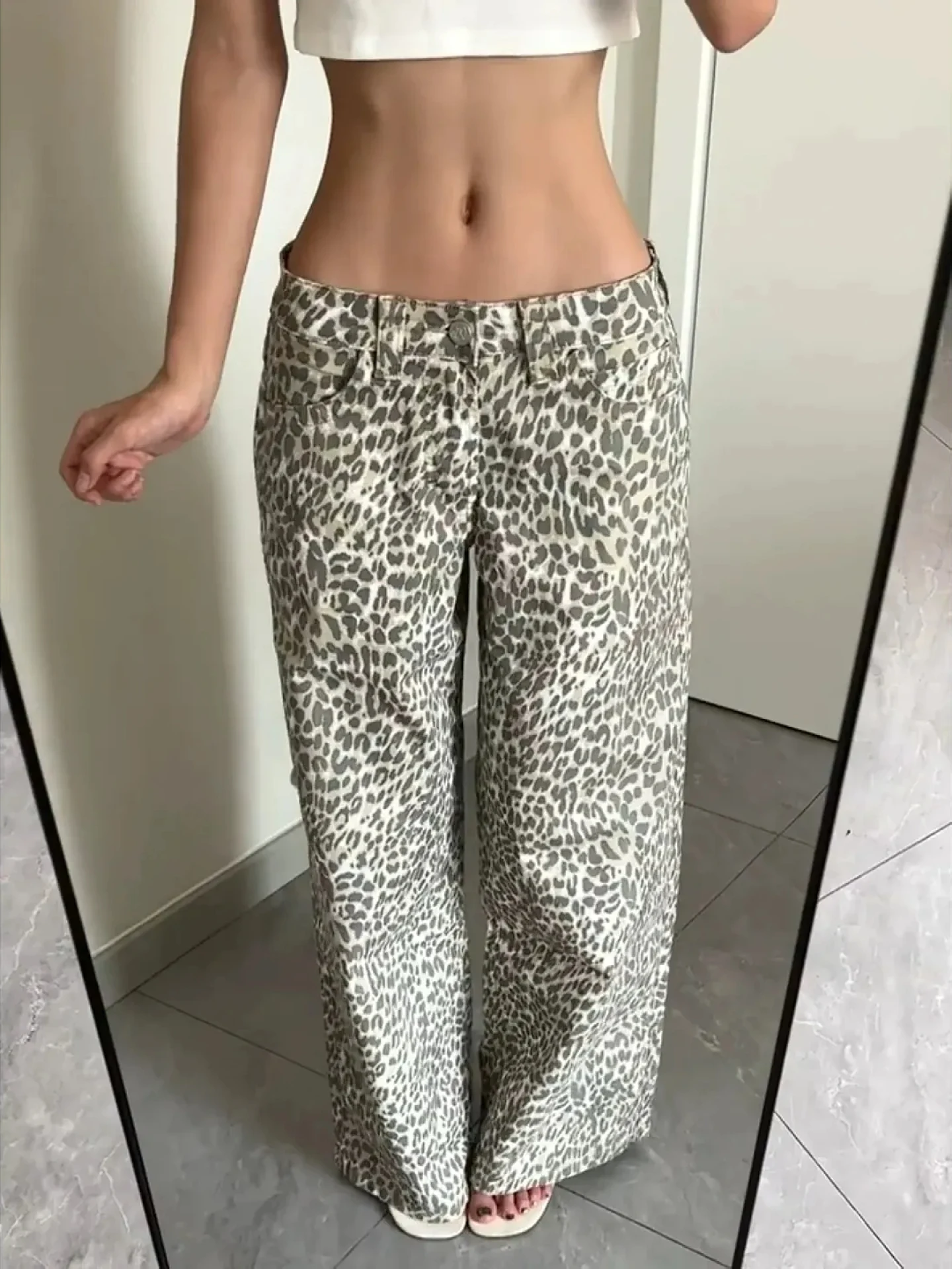 Low Waist Straight Leg Leopard Print Denim Jeans Women's Fall Winter New Street Style Pear Shape Body Retro American Design