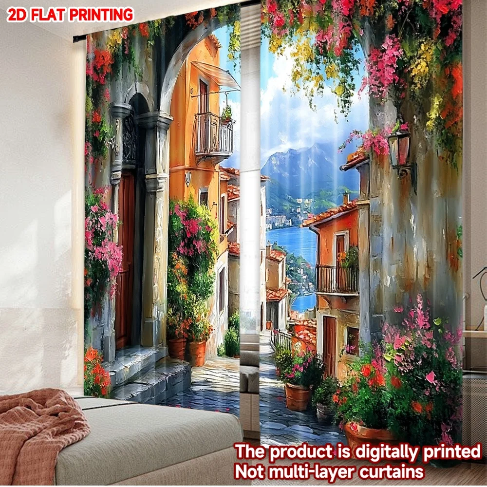 2D flat printing 2pcs Curtain Window Treatment Curtains Mediterranean Colorful Street Scene Digital Printed Polyester Drapes