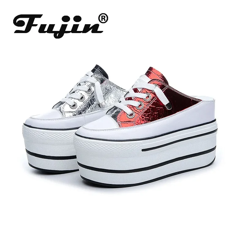 Fujin 10cm Mules Shoes Sandals Genuine Leather 2024 Women Sneakers Slippers Summer Shoes New Casual Shoes Women\'s Fashion