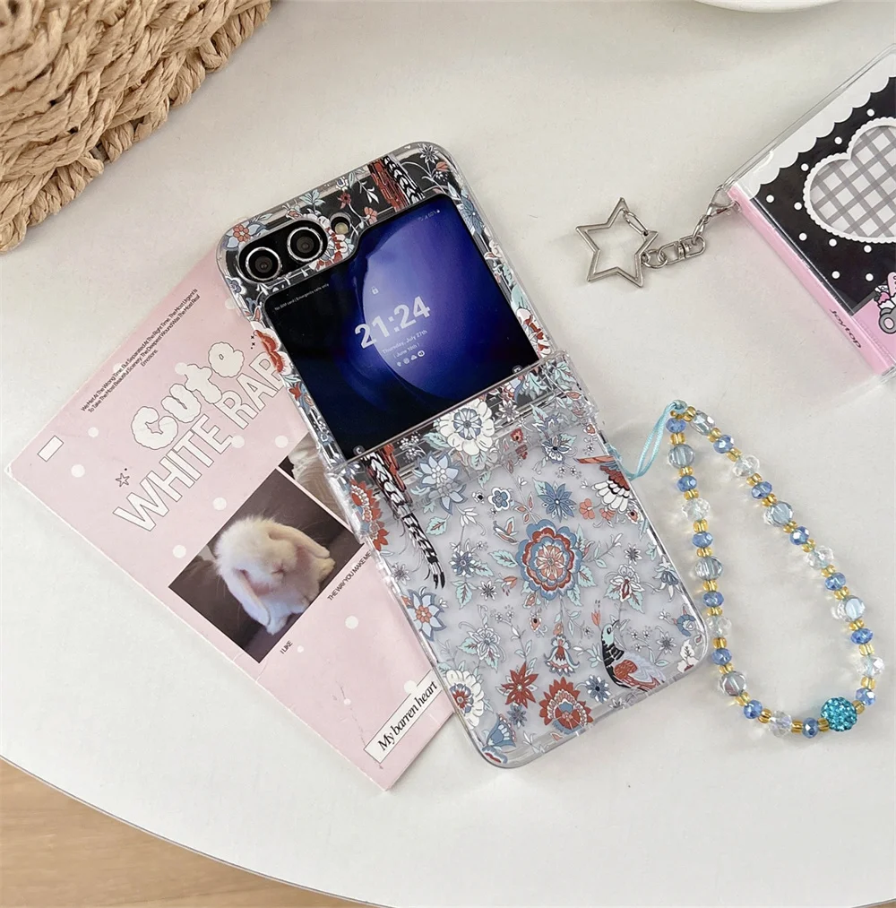 Vintage Folk Garden Floral Bird Printed Clear Phone Case for Samsung Galaxy Z Flip 7-3 Blue Crystal Bead Strap Protective Cover