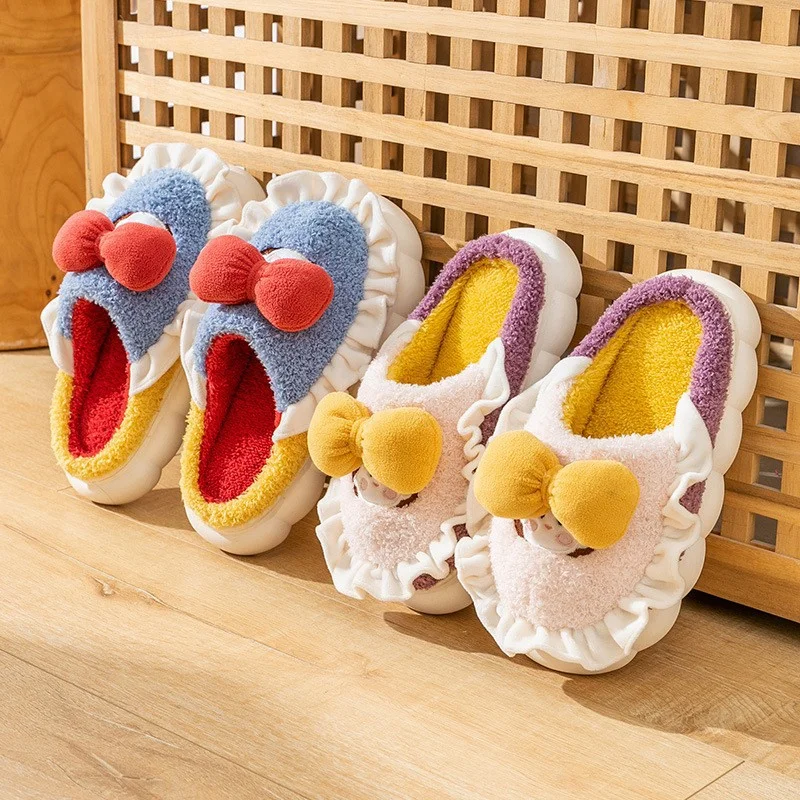 Autumn and winter bow princess cute warm home women's shoes cartoon contrasting color plush non-slip thick-soled cotton slippers