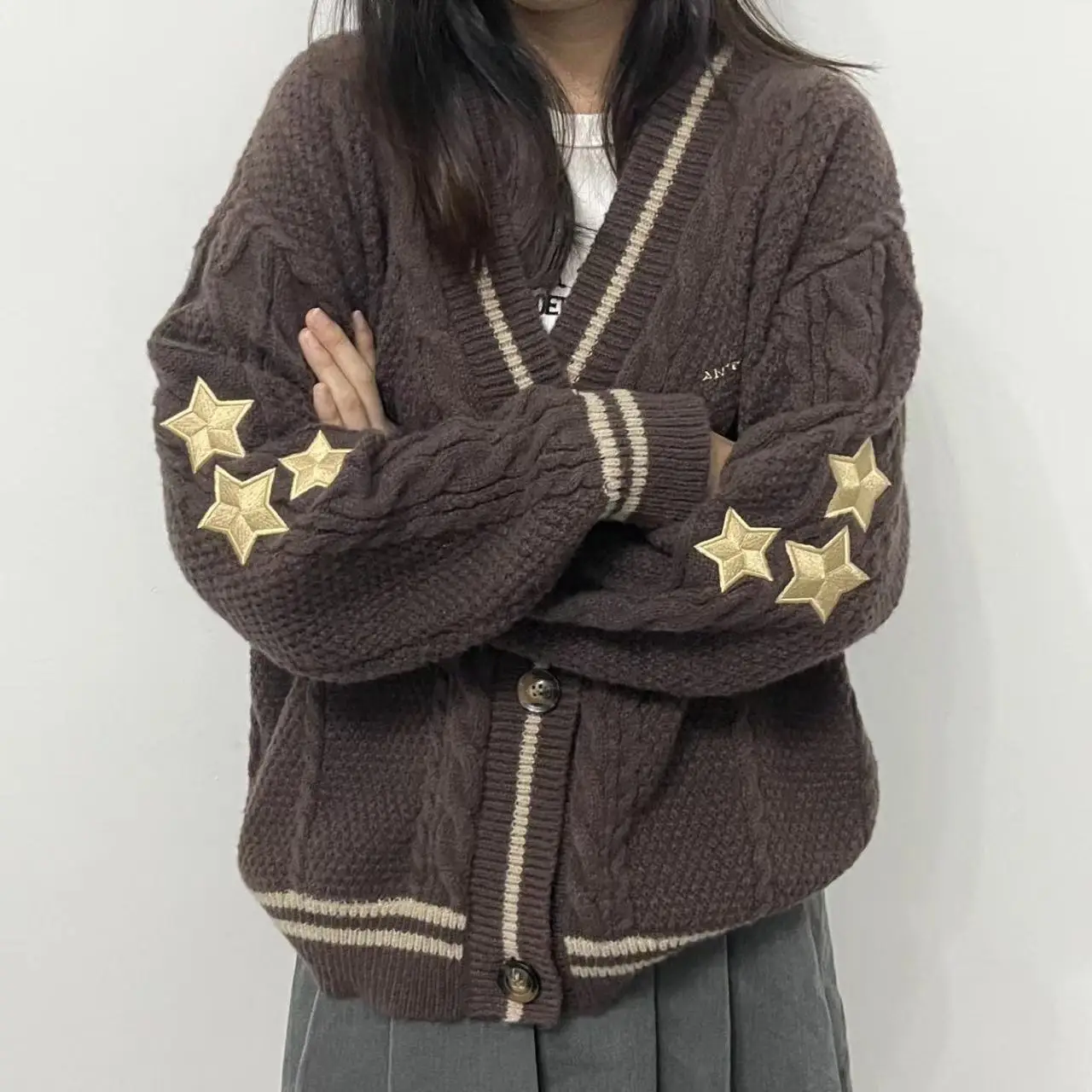 女性用スター刺embroideredニットセーター,ルーズフィットカーディガン,コットン,ウォーム,グレー,サイズS-2XL,秋冬