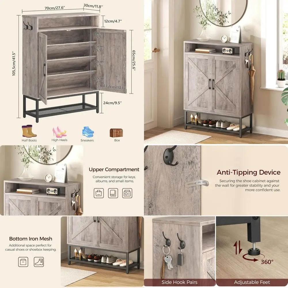 

6-уровневый шкаф для хранения обуви в стиле фермерского дома с дверцами, органайзер для обуви в прихожей, узкая отдельно стоящая стойка серого цвета — SHHG9501