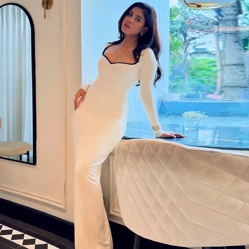 Figurbetontes Kleid mit langen Ärmeln, schmale Kleider 2025, Frau, Wickelhüfte, Vestido femininos, Kontrastfarbe, französisches elegantes Temperament