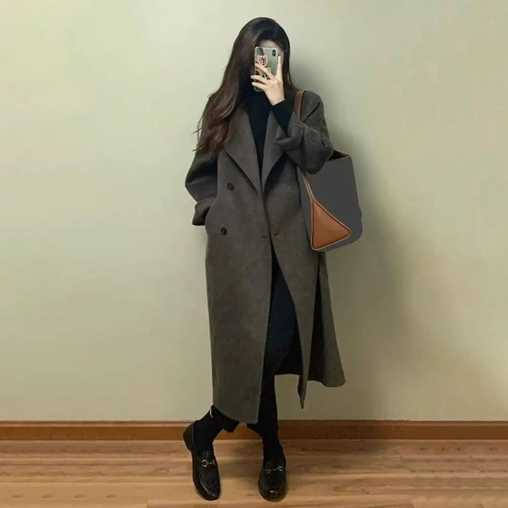 Women's Wool Coat Thickened Over-the-Knee Mid-Length Korean Style Wool Blazer Women's Long Wool Coat Double-Breasted Pea Coat
