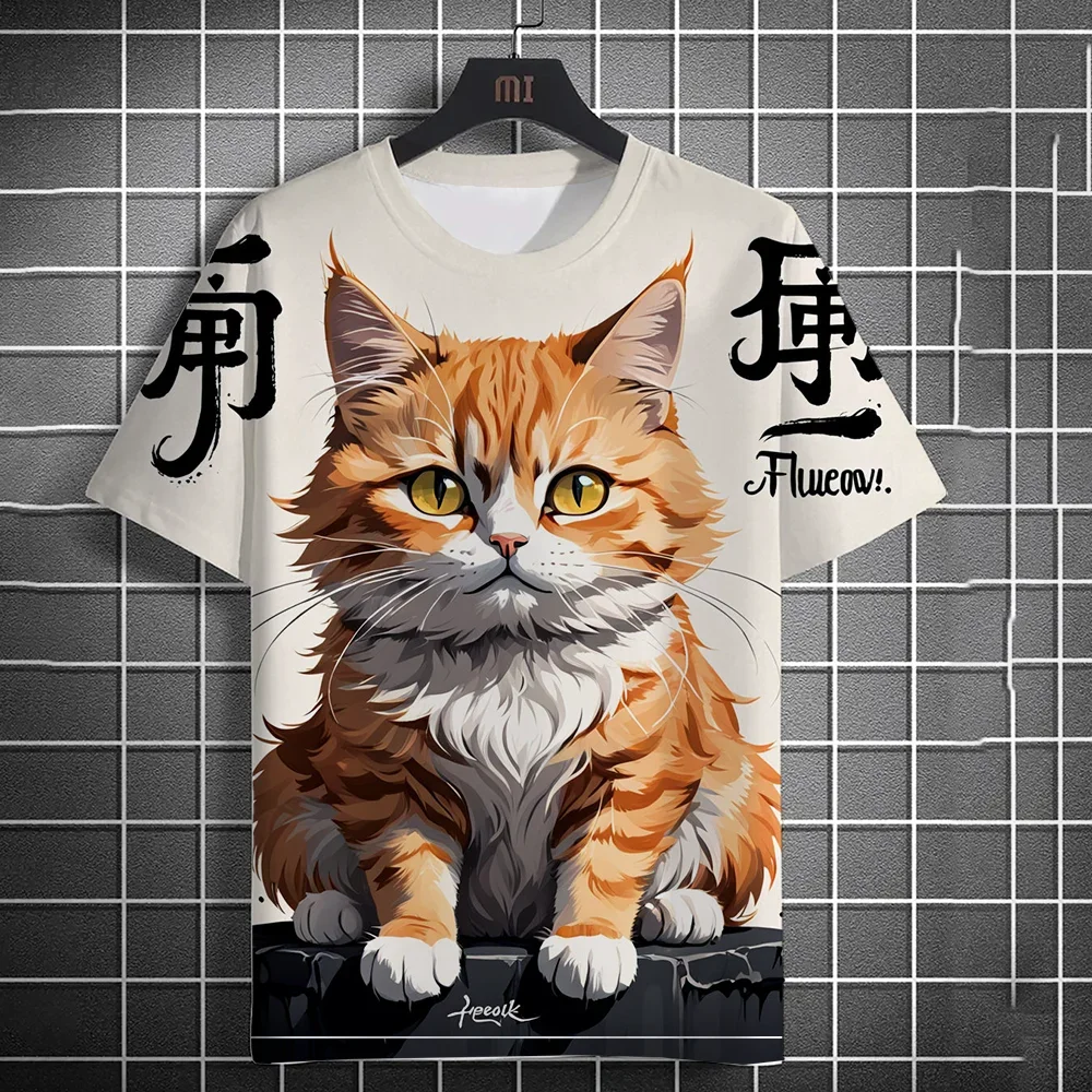 Summer New Cartoon Samurai Cat Printed T-shirt Casual Oversized fashion Harajuku Short sleeved top trend Hip-hop Street Clothing