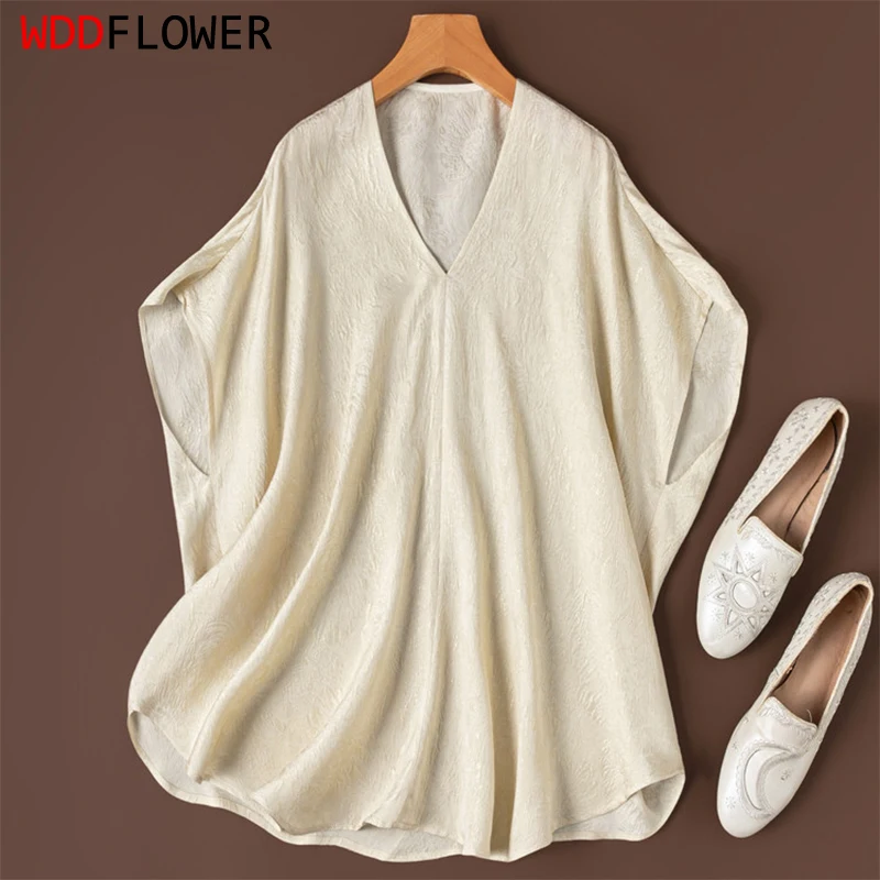 

100% Mulberry Silk 20 Momme Women Blouse Loose Type Cream Golden-threads Batwing Sleeve Top Shirt Pullover Plus Size M1546