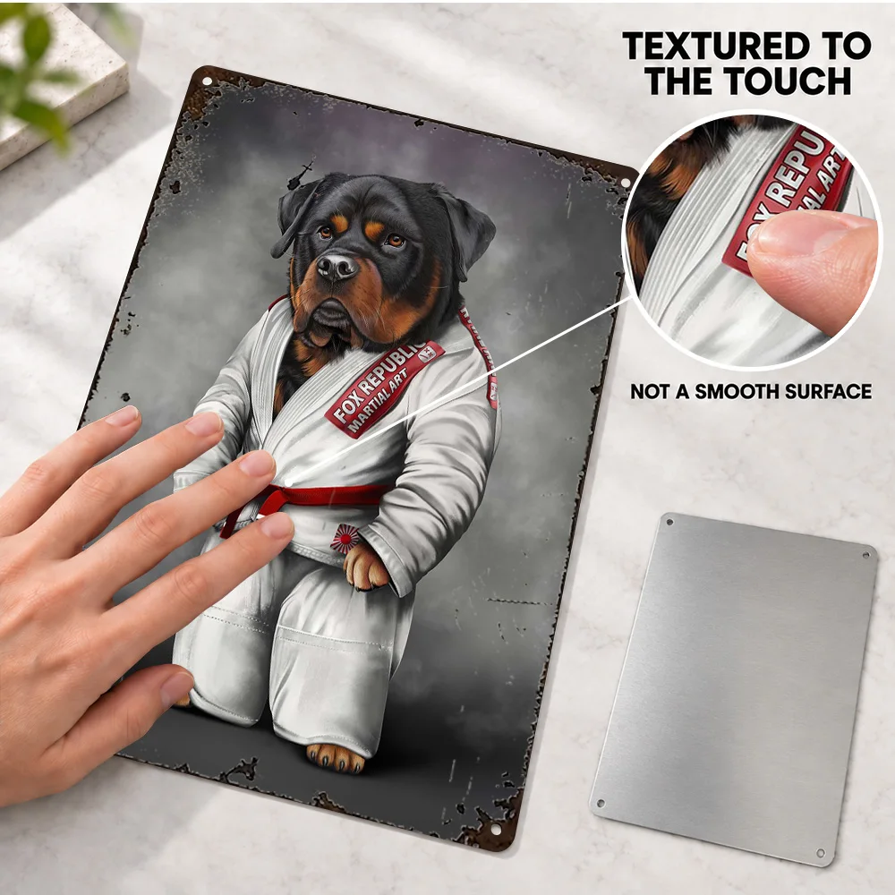 Rottweiler Martial Artist Martial Arts Design Textured Metal Poster Customized Aluminum Sign Cartoon Style Wall Art For Bedroom