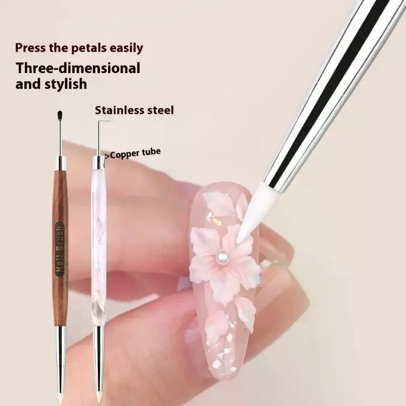 Multifunctional Sandalwood/Acrylic Double Headed Nail Art Brush Carving Flower Painting Pen Mixing Pen DIY Manicure Tool