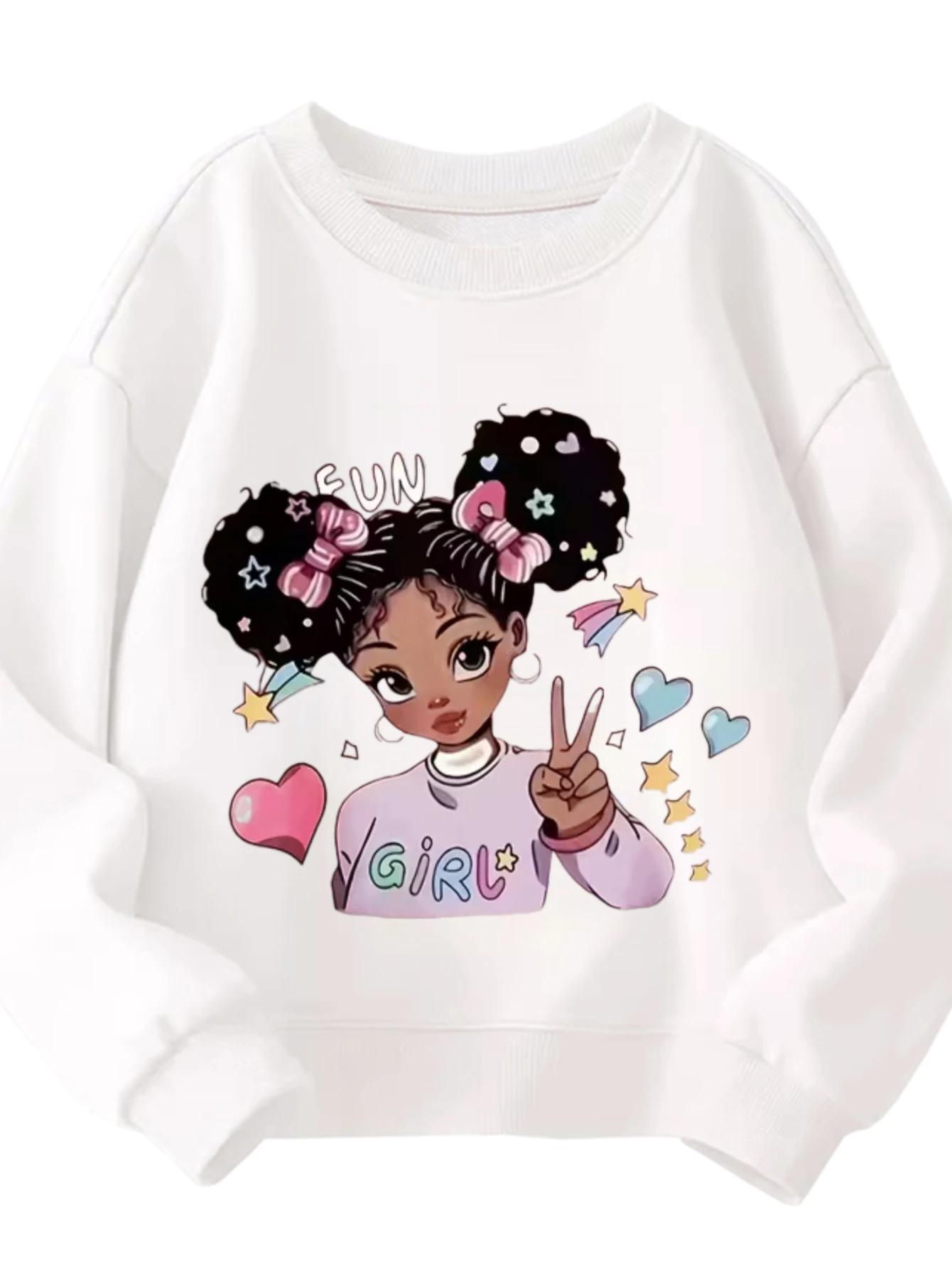 

Kids Crew Neck Sweatshirt Fun Girl With Double Buns Bows Stars Hearts Peace Sign Graphic White Pullover For Girls