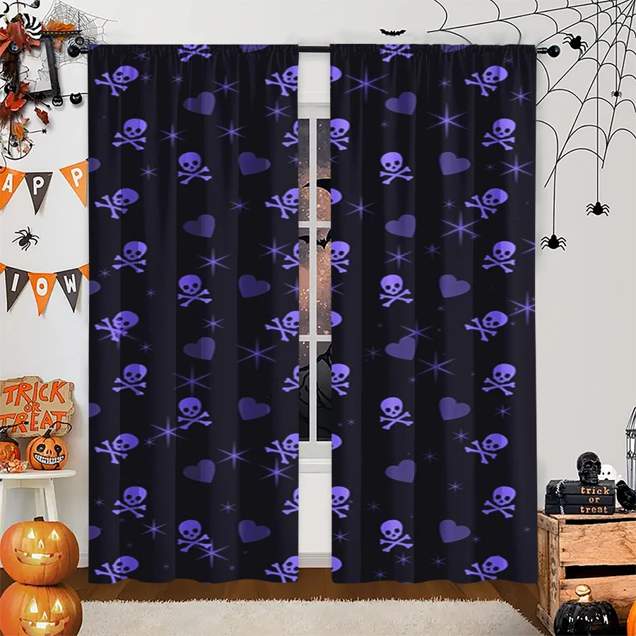 2PCS Digital Print Curtain, Purple Skull Crossbones Pattern, Purple Halloween Pirate Style for Living Room Bedroom Decor