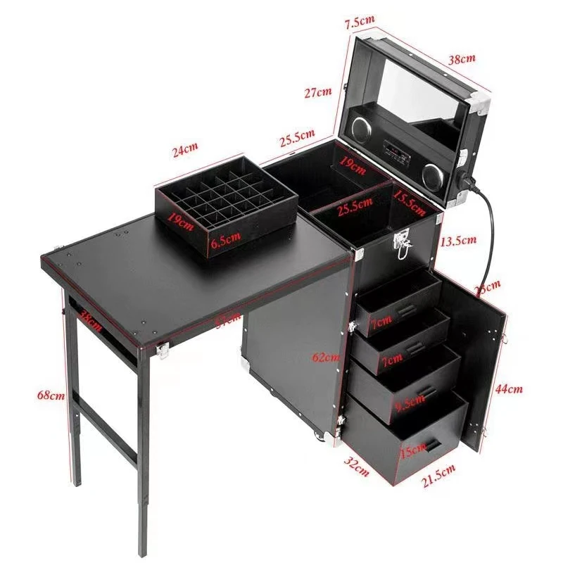 Portable Foldable Workstation Makeup Organizer Trolley Case Speakers Drawers Nails Table Salon Manicure Table