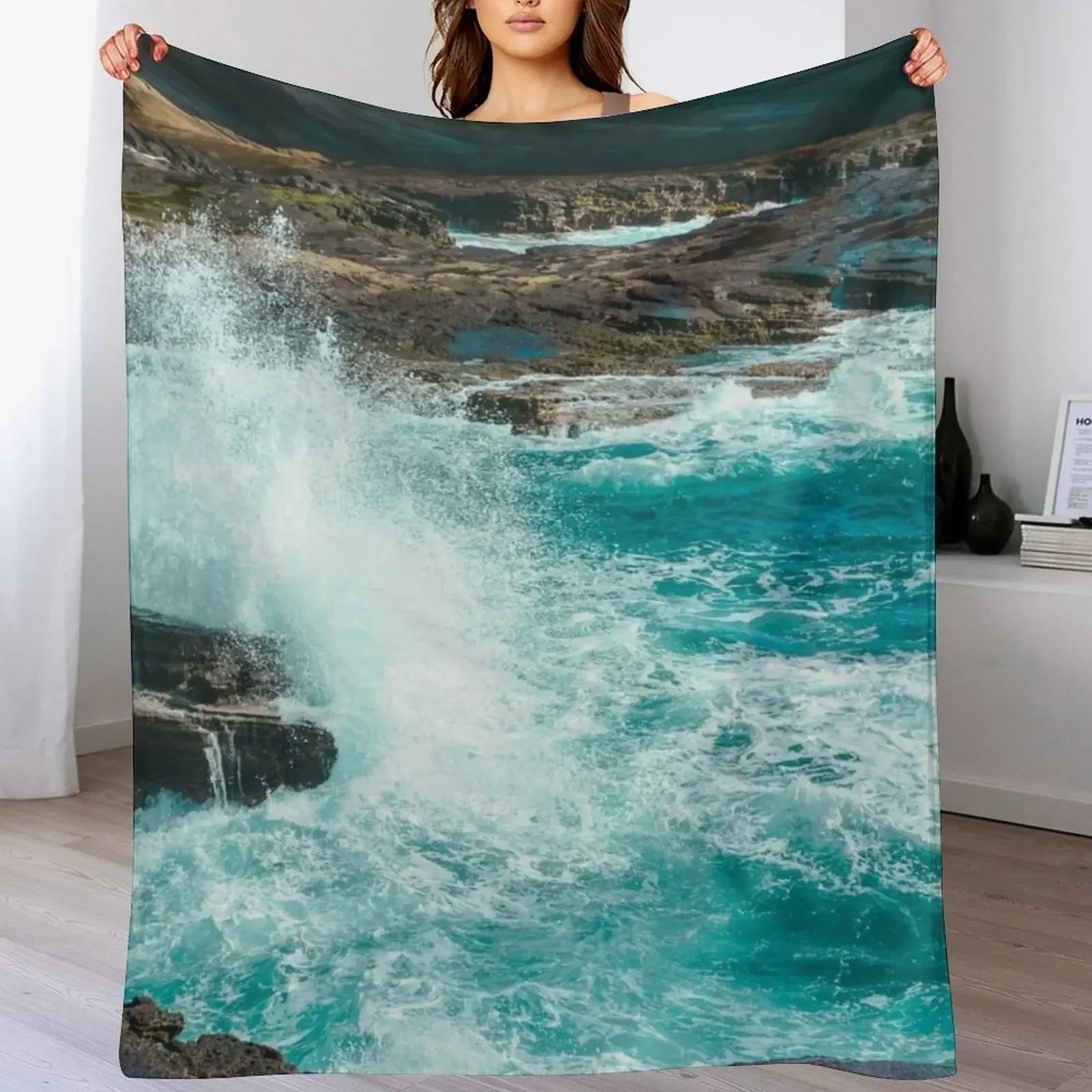 New Cliffside Turquoise Blue Ocean Shore Waves Throw Blanket Custom Flannels Blankets