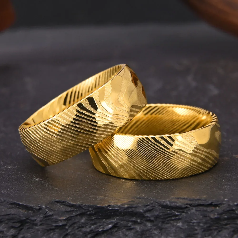 European And American Retro Wood Grain Damascus Steel Ring Curved Surface Men's Rings
