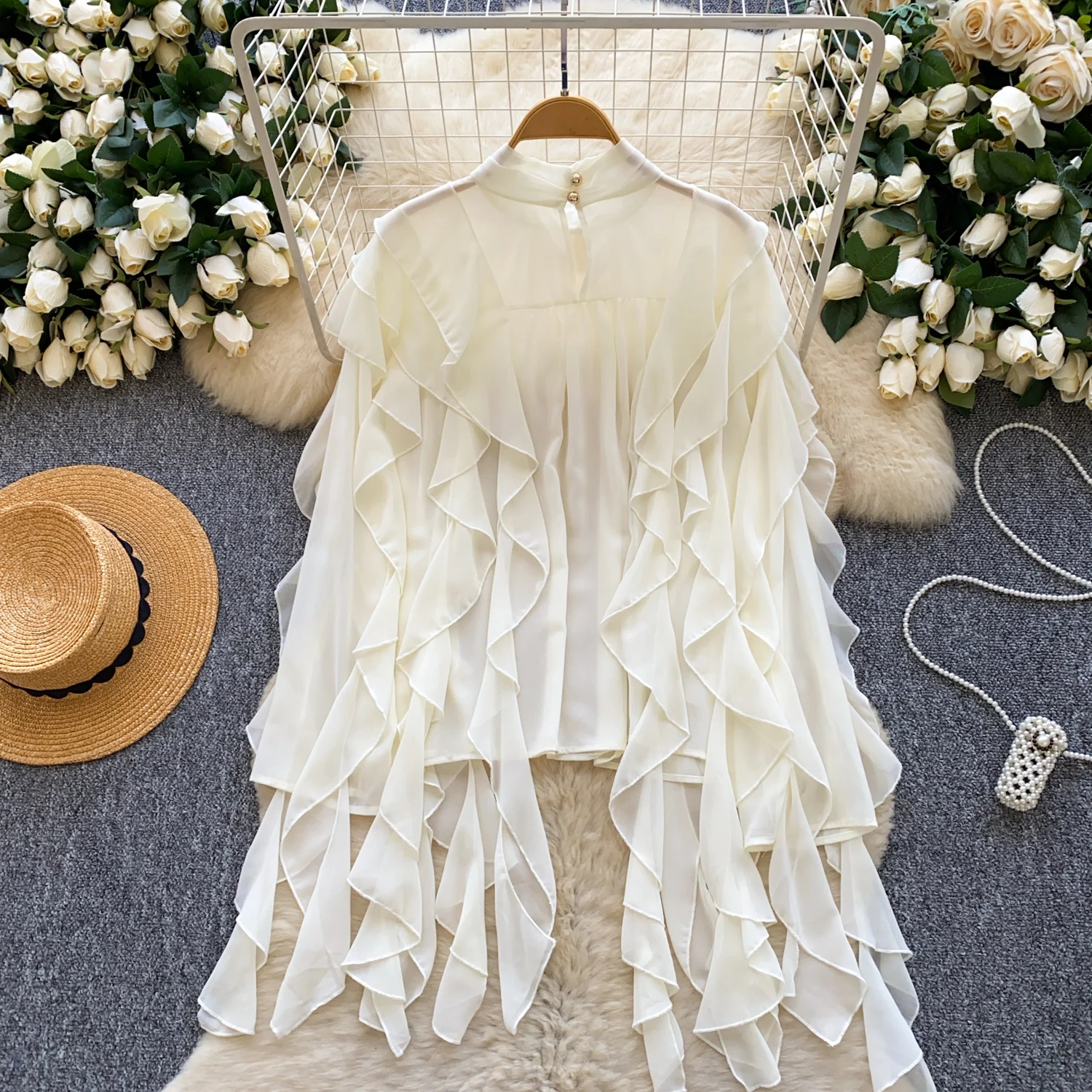 Elegant Sexy ruffle mesh long sleeve Top Women Korean Fashion hotsweet High Street Autumn Clothing