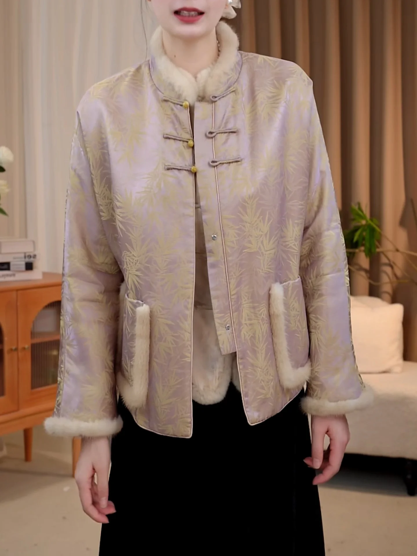 

Autumn Winter Large Size Women's Jaet with Button Design Fur Collar Warm Floral Embroidery Retro Chinese Sle Outerwear