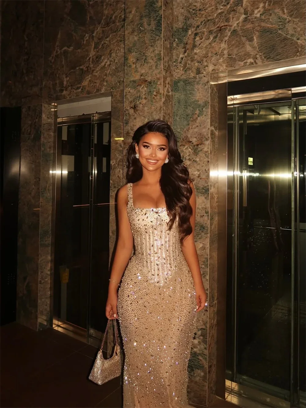 Customized Elegant Sparkling Mermaid Evening Dress Palace Train Ball Dress Gem Shining Square Collar Party Dress Tank Top