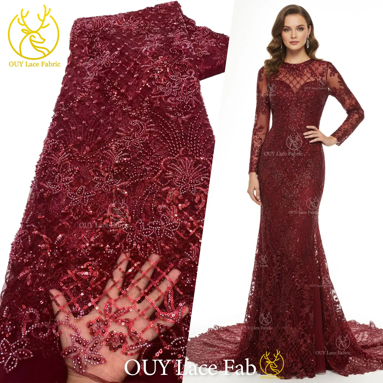 Roter afrikanischer Perlen-Spitzenstoff 2026, hochwertiger nigerianischer Pailletten-Spitzenstoff für Damen, Hochzeitskleid und Abendkleid, Nähen – Detail 6