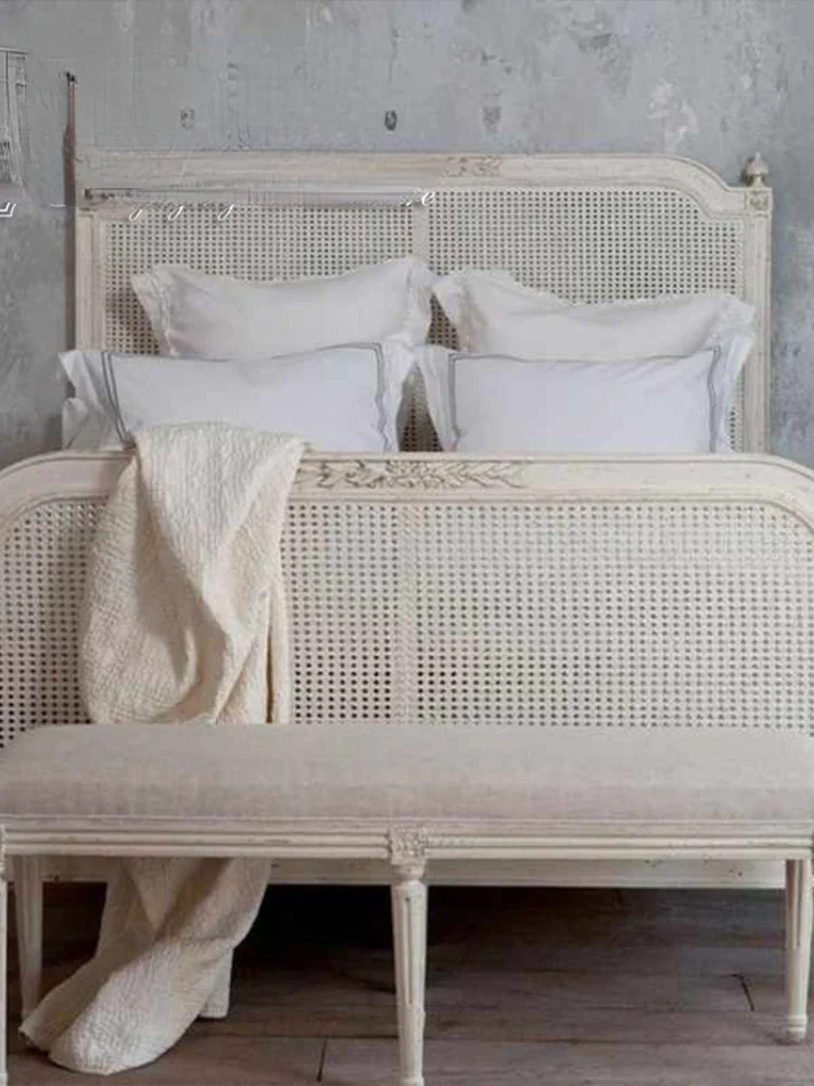 Solid Wood Bed Rattan Woven Princess Bed 1.8 M Simple White Cane-Woven Bed 1.5 American Distressed Double Bed