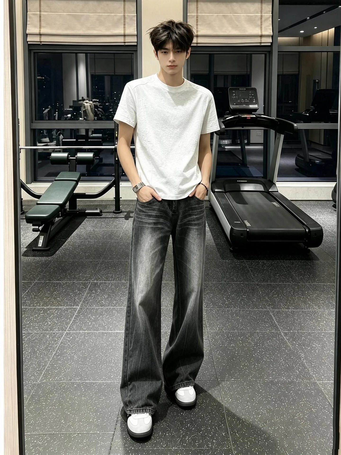 Black Lightning Stripe Micro Flared Straight Leg Jeans Men's American High Street Slimming Long Leg Knife  Pants