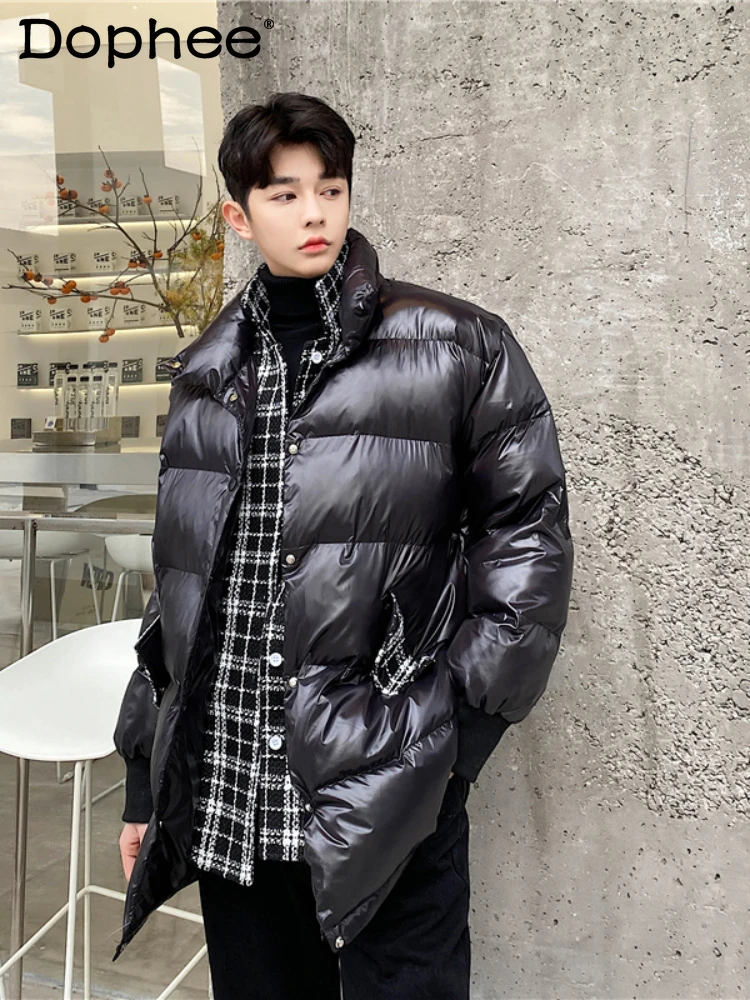 Male Handsome Down Jackets Men's 2024 Winter New Thickened Chic Down Coats Trendy Woolen Grid Faux Two-piece Design Loose Coats